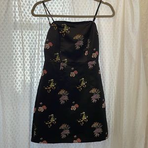 Black and floral embroidery silk dress with adjustable straps